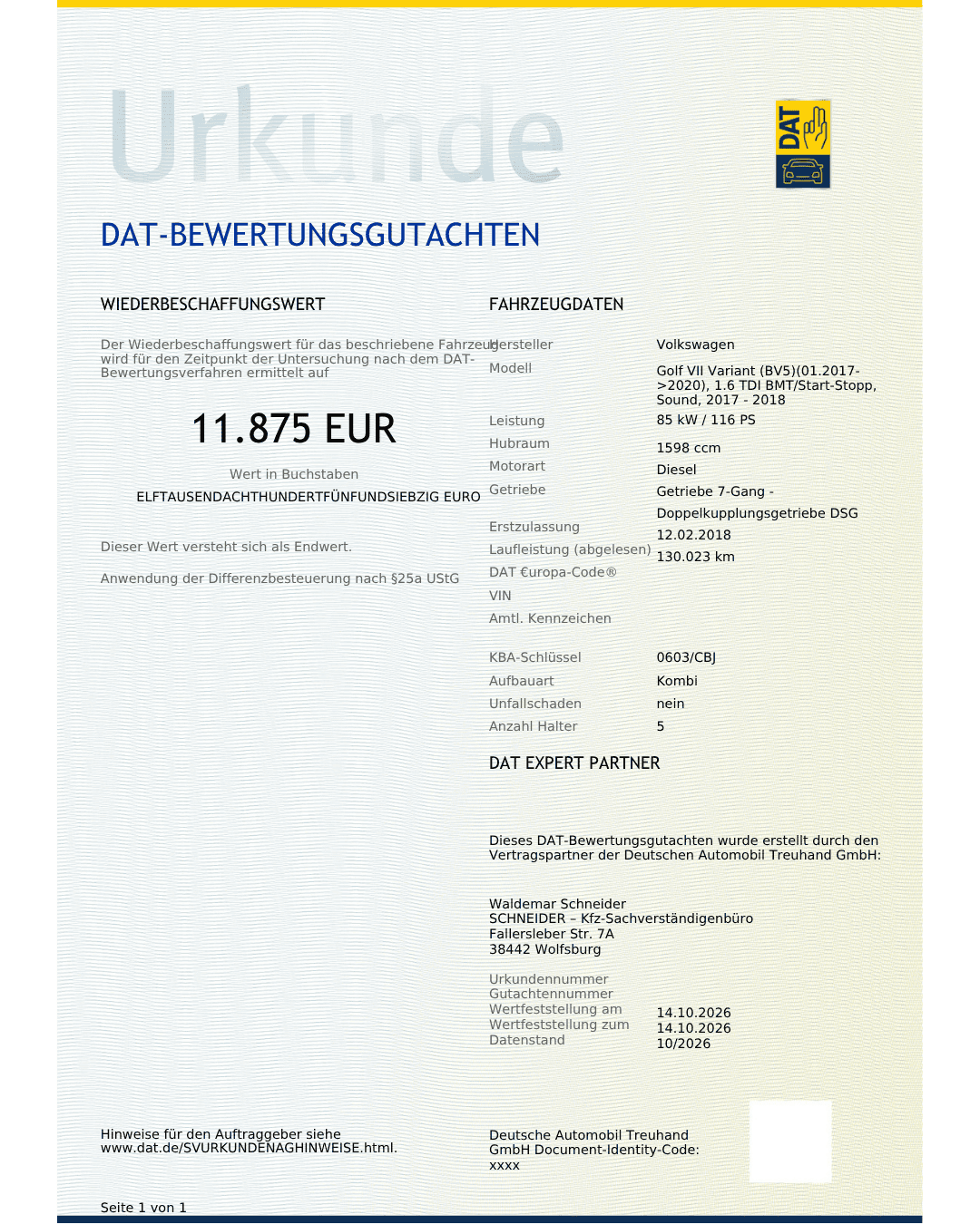Beispiel einer DAT Schätzurkunde zur Fahrzeugbewertung